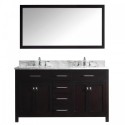 Caroline 60" Double Bathroom Vanity in Espresso with Marble Top and Square Sink with Mirror