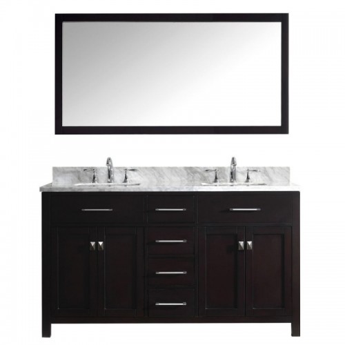 Caroline 60" Double Bathroom Vanity in Espresso with Marble Top and Square Sink with Brushed Nickel Faucet and Mirror