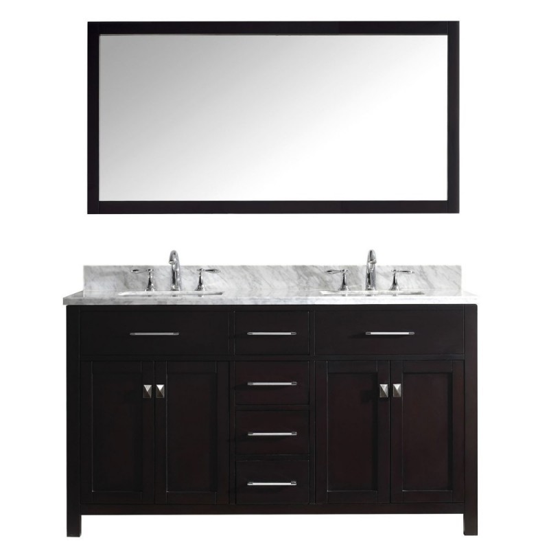 Caroline 60" Double Bathroom Vanity in Espresso with Marble Top and Square Sink with Polished Chrome Faucet and Mirror