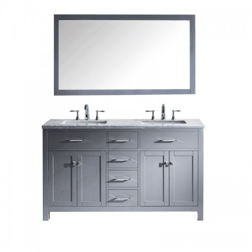 Caroline 60" Double Bathroom Vanity in Grey with Marble Top and Square Sink with Polished Chrome Faucet and Mirror