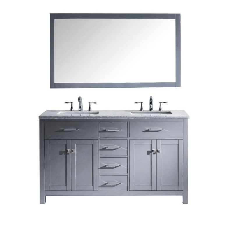Caroline 60" Double Bathroom Vanity in Grey with Marble Top and Square Sink with Polished Chrome Faucet and Mirror