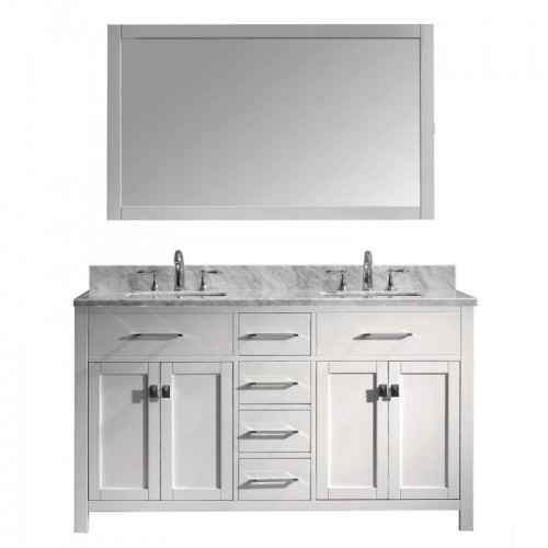 Caroline 60" Double Bathroom Vanity in White with Marble Top and Square Sink with Mirror
