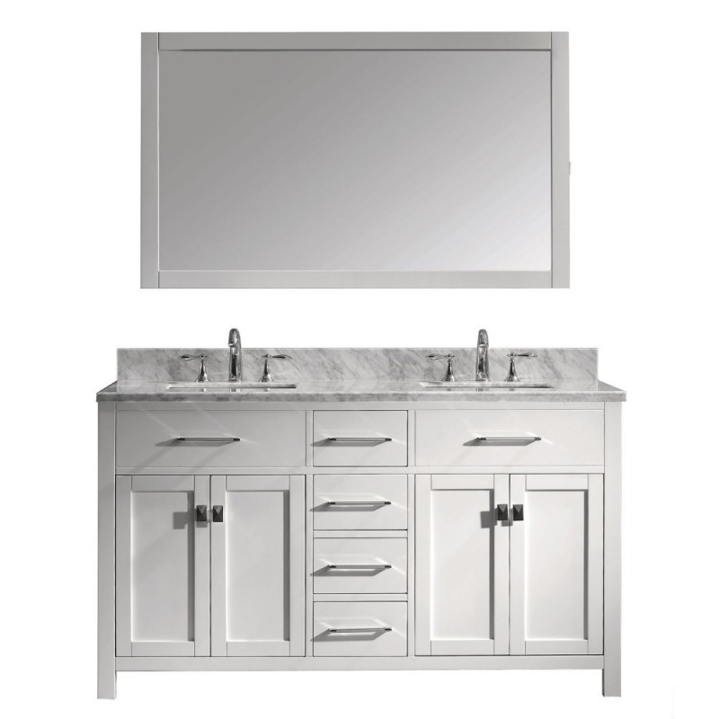 Caroline 60" Double Bathroom Vanity in White with Marble Top and Square Sink with Polished Chrome Faucet and Mirror