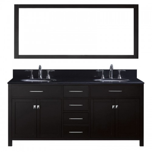 Caroline 72" Double Bathroom Vanity in Espresso with Black Galaxy Granite Top and Round Sink with Brushed Nickel Faucet and Mirror