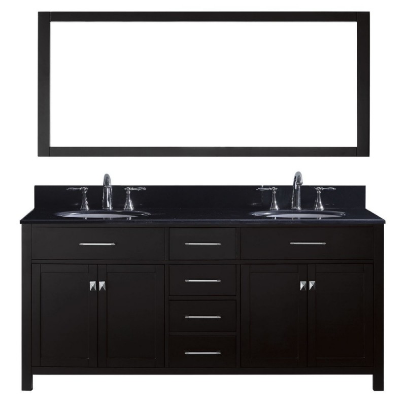 Caroline 72" Double Bathroom Vanity in Espresso with Black Galaxy Granite Top and Round Sink with Brushed Nickel Faucet and Mirror