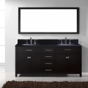 Caroline 72" Double Bathroom Vanity in Espresso with Black Galaxy Granite Top and Round Sink with Brushed Nickel Faucet and Mirror