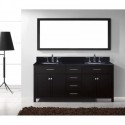 Caroline 72" Double Bathroom Vanity in Espresso with Black Galaxy Granite Top and Round Sink with Brushed Nickel Faucet and Mirror