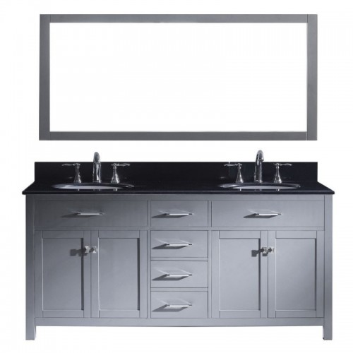 Caroline 72" Double Bathroom Vanity in Grey with Black Galaxy Granite Top and Round Sink with Mirror