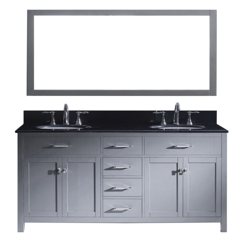 Caroline 72" Double Bathroom Vanity in Grey with Black Galaxy Granite Top and Round Sink with Mirror