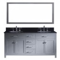Caroline 72" Double Bathroom Vanity in Grey with Black Galaxy Granite Top and Round Sink with Mirror