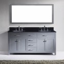 Caroline 72" Double Bathroom Vanity in Grey with Black Galaxy Granite Top and Round Sink with Mirror