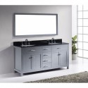 Caroline 72" Double Bathroom Vanity in Grey with Black Galaxy Granite Top and Round Sink with Mirror
