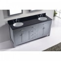 Caroline 72" Double Bathroom Vanity in Grey with Black Galaxy Granite Top and Round Sink with Mirror