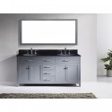 Caroline 72" Double Bathroom Vanity in Grey with Black Galaxy Granite Top and Round Sink with Polished Chrome Faucet and Mirror