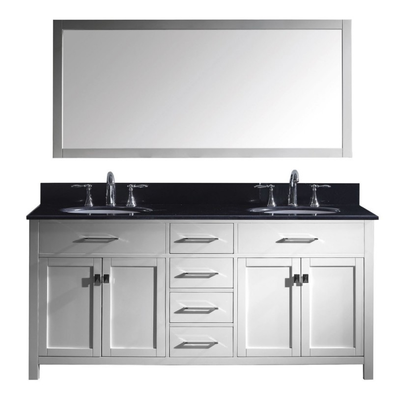 Caroline 72" Double Bathroom Vanity in White with Black Galaxy Granite Top and Round Sink with Mirror