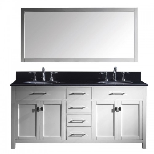 Caroline 72" Double Bathroom Vanity in White with Black Galaxy Granite Top and Round Sink with Polished Chrome Faucet and Mirror