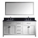 Caroline 72" Double Bathroom Vanity in White with Black Galaxy Granite Top and Round Sink with Polished Chrome Faucet and Mirror
