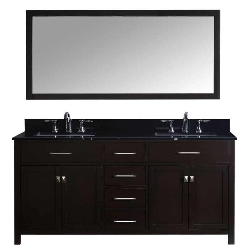 Caroline 72" Double Bathroom Vanity in Espresso with Black Galaxy Granite Top and Square Sink with Brushed Nickel Faucet and Mirror