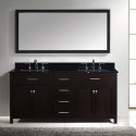 Caroline 72" Double Bathroom Vanity in Espresso with Black Galaxy Granite Top and Square Sink with Polished Chrome Faucet and Mirror