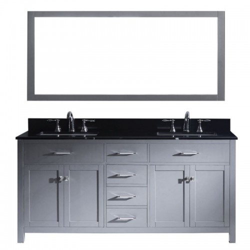 Caroline 72" Double Bathroom Vanity in Grey with Black Galaxy Granite Top and Square Sink with Mirror