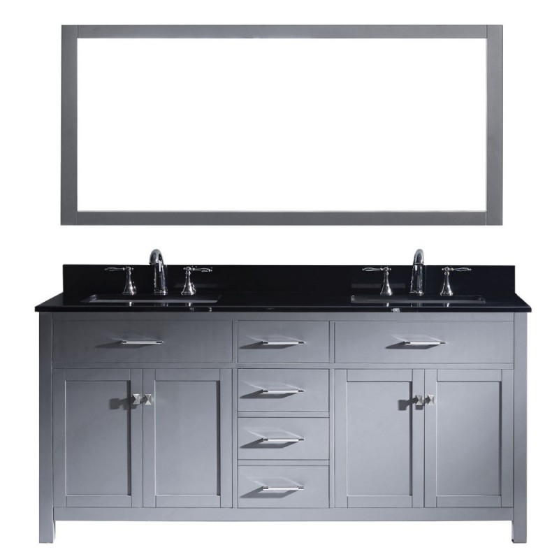 Caroline 72" Double Bathroom Vanity in Grey with Black Galaxy Granite Top and Square Sink with Mirror