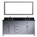 Caroline 72" Double Bathroom Vanity in Grey with Black Galaxy Granite Top and Square Sink with Mirror