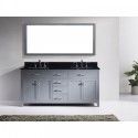 Caroline 72" Double Bathroom Vanity in Grey with Black Galaxy Granite Top and Square Sink with Mirror