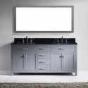 Caroline 72" Double Bathroom Vanity in Grey with Black Galaxy Granite Top and Square Sink with Brushed Nickel Faucet and Mirror