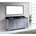 Caroline 72" Double Bathroom Vanity in Grey with Black Galaxy Granite Top and Square Sink with Polished Chrome Faucet and Mirror