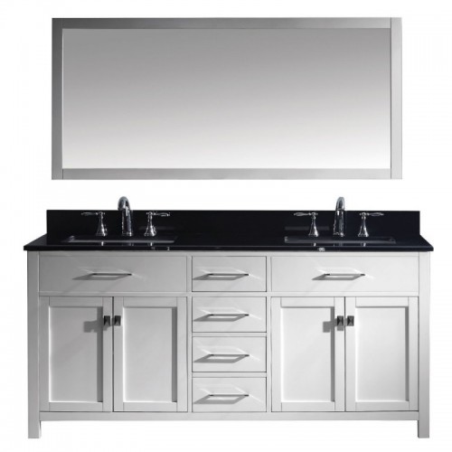 Caroline 72" Double Bathroom Vanity in White with Black Galaxy Granite Top and Square Sink with Mirror