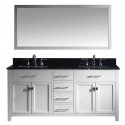 Caroline 72" Double Bathroom Vanity in White with Black Galaxy Granite Top and Square Sink with Mirror