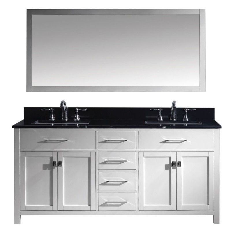 Caroline 72" Double Bathroom Vanity in White with Black Galaxy Granite Top and Square Sink with Polished Chrome Faucet and Mirror