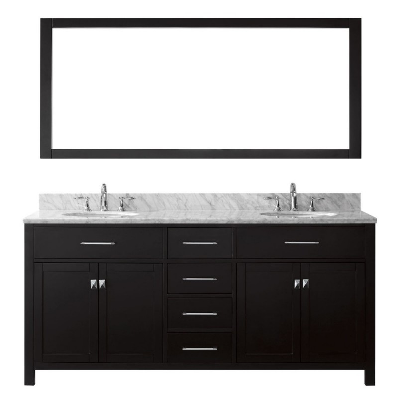 Caroline 72" Double Bathroom Vanity in Espresso with Marble Top and Round Sink with Mirror