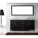 Caroline 72" Double Bathroom Vanity in Espresso with Marble Top and Round Sink with Brushed Nickel Faucet and Mirror