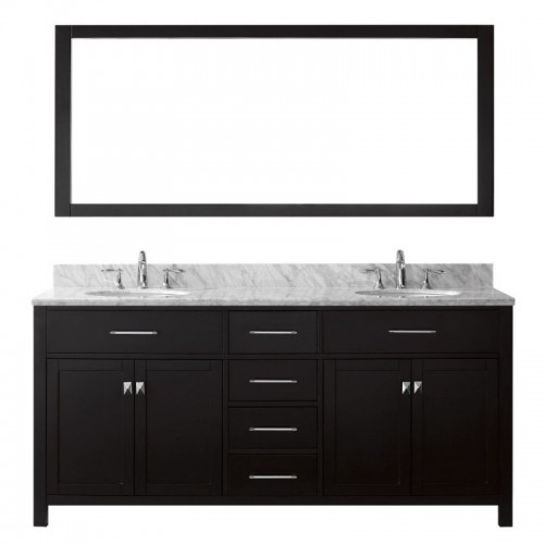 Caroline 72" Double Bathroom Vanity in Espresso with Marble Top and Round Sink with Polished Chrome Faucet and Mirror