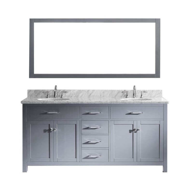 Caroline 72" Double Bathroom Vanity in Grey with Marble Top and Round Sink with Mirror