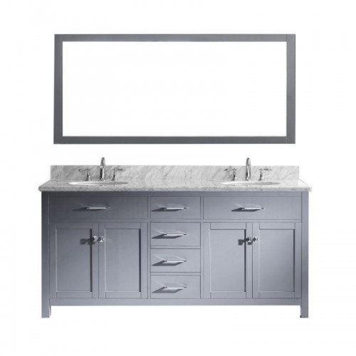 Caroline 72" Double Bathroom Vanity in Grey with Marble Top and Round Sink with Brushed Nickel Faucet and Mirror