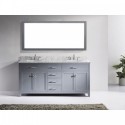 Caroline 72" Double Bathroom Vanity in Grey with Marble Top and Round Sink with Polished Chrome Faucet and Mirror