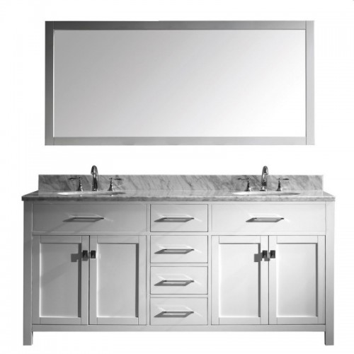 Caroline 72" Double Bathroom Vanity in White with Marble Top and Round Sink with Mirror