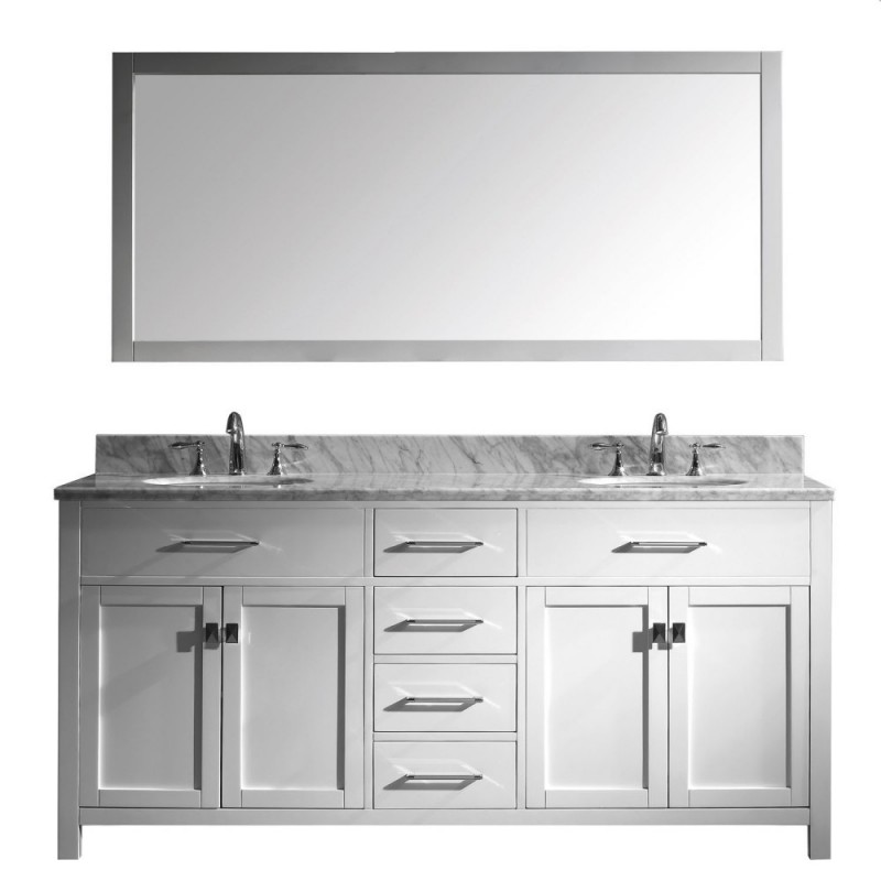 Caroline 72" Double Bathroom Vanity in White with Marble Top and Round Sink with Polished Chrome Faucet and Mirror