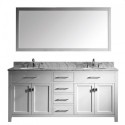 Caroline 72" Double Bathroom Vanity in White with Marble Top and Round Sink with Polished Chrome Faucet and Mirror