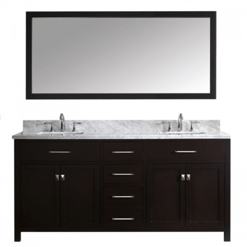 Caroline 72" Double Bathroom Vanity in Espresso with Marble Top and Square Sink with Brushed Nickel Faucet and Mirror