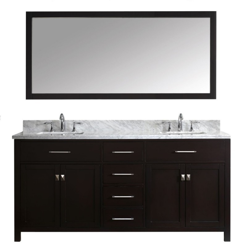 Caroline 72" Double Bathroom Vanity in Espresso with Marble Top and Square Sink with Polished Chrome Faucet and Mirror