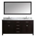 Caroline 72" Double Bathroom Vanity in Espresso with Marble Top and Square Sink with Polished Chrome Faucet and Mirror