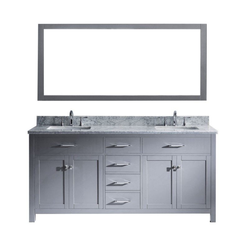 Caroline 72" Double Bathroom Vanity in Grey with Marble Top and Square Sink with Brushed Nickel Faucet and Mirror