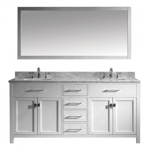 Caroline 72" Double Bathroom Vanity in White with Marble Top and Square Sink with Polished Chrome Faucet and Mirror