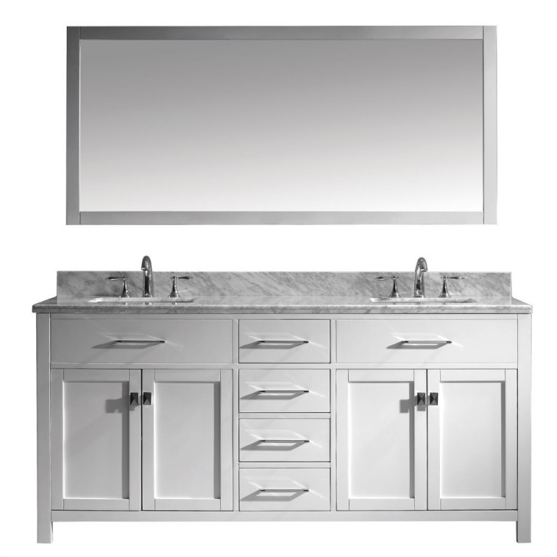 Caroline 72" Double Bathroom Vanity in White with Marble Top and Square Sink with Polished Chrome Faucet and Mirror