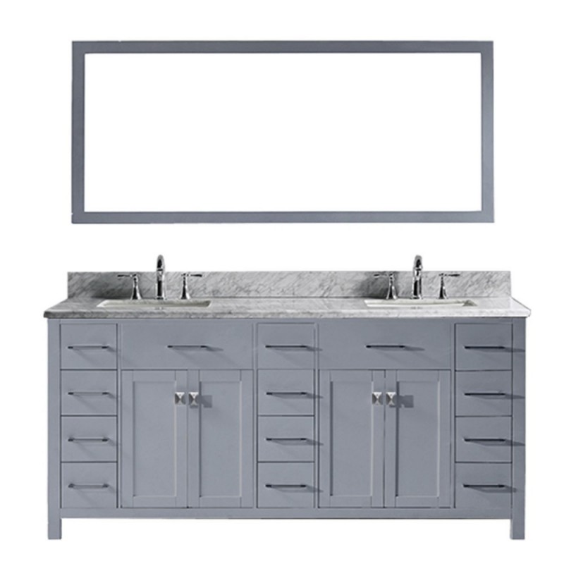 Caroline Parkway 72" Double Bathroom Vanity in Grey with Marble Top and Square Sink with Mirror