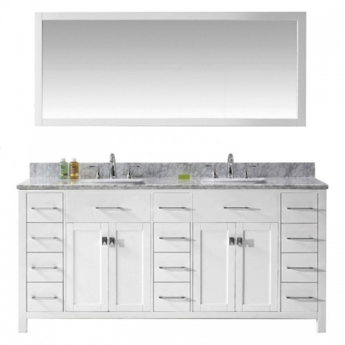 Caroline Parkway 72" Double Bathroom Vanity in White with Marble Top and Square Sink with Brushed Nickel Faucet and Mirror