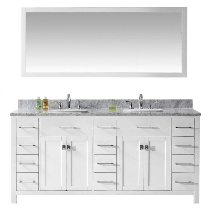 Caroline Parkway 72" Double Bathroom Vanity in White with Marble Top and Square Sink with Brushed Nickel Faucet and Mirror